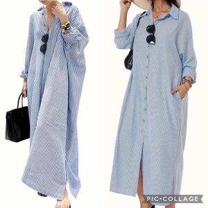 New Cotton Button Down Loose Dress Long Sleeve Stripe Aqua Baby Light Blue